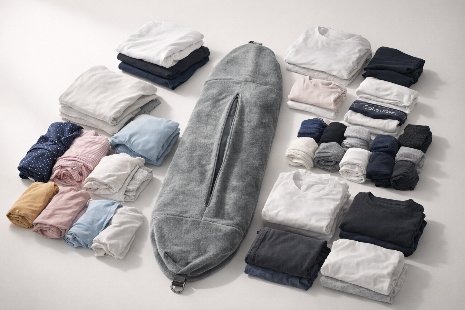 Folded clothes arranged around a gray compression bag on a white background